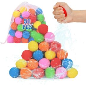 50 Pcs Reusable Water Balloon, Water Soaker Balls Water Toys Bulk with Bag Soft Cotton Beach Balls Pool Water Toys for Kids & Adult Water Toys Outdoor Summer Fun Activities Yard Games Summer Gift