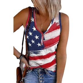 American Flag Ribbed Tank Women 4th of July Shirt Patriotic V Neck Button Basic Henley Shirt Sleeveless Tank Top