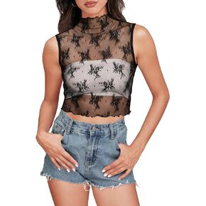 Aoulaydo Women's Mesh Tank Top 2024 Summer Sleeveless Mock Neck Lace Crop Top Slim Fitted Tops