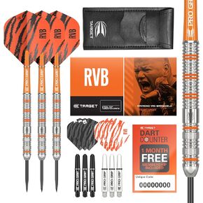 TARGET Darts Raymond Van Barneveld RVB 22G Tungsten Steel Tip Darts Set - 9 Pro Grip Shafts - 9 Pro Ultra Flights – Dart Wallet - Dart Counter App Coupon Bundle