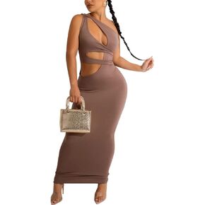 Women's One Shoulder Cut Out Maxi Dress 2024 Summer Sexy Bodycon Sleeveless Ruched Long Dress Club Birthday Night Out Outfits