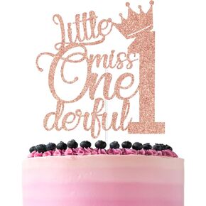 Gold Glitter Little Miss Onederful Cake Topper, Happy 1st Birthday/One/My 1st Birthday, Baby's 1st Birthday Baby Shower Party Decorations Supplies