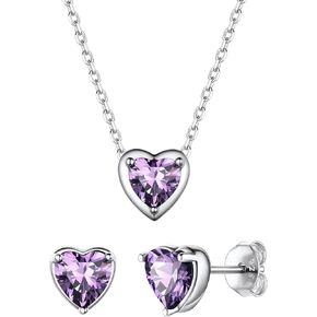 ChicSilver 925 Sterling Silver Heart Cut Birthstone Jewelry Set, Sparkling Heart Birthstone Stud Earrings and Birthstone Necklace Set for Women Girls