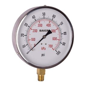 AVND Series Stainless Steel Dual Scale Pressure Gauge, 0 to 100 psi / kPa, 4.5" Dial, +/-1% Accuracy, 1/4" NPT Bottom Mount with NIST Calibration Certificate