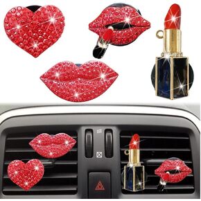5 Pcs Bling Red Lips Air Vent Clips, Heart Shape Crystal Car Air Vent Clip Charms Car Air Fresheners for Women Rhinestone Diffuser Vent Clip Cute Car Decor Bling Car Accessories,Interior Accessories