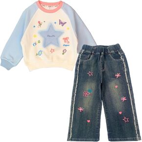 Peacolate 4Y-10Y Spring Fall Little Big Girls T Shirt and Jeans 2pcs Clothing Sets