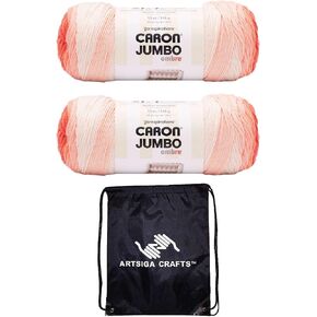 Caron Jumbo Print Ombre Salmon 296619-19002 (2-Skeins - Same Dye Lot) Worsted Medium #4 Acrylic Yarn for Crocheting and Knitting - Bundle with 1 Artsiga Crafts Project Bag