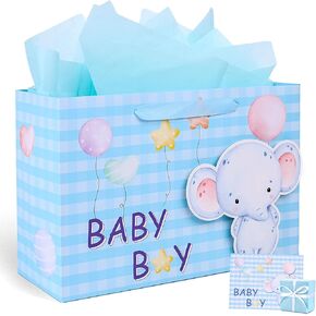 JOHOUSE Baby Boy Gift Bag, 13" Gift Bags with Tissue Paper Ribbon Handle and Greeting Card for Boy Baby Shower Newborn 1st Birthday Gender Reveal Party Blue