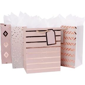 Lyforpyton 4 Pack Medium Gift Bags with Tissue Paper 7"x9"x3.9" Pink Metallic Gold Gift Paper Bag for Birthday Party, Wedding, Baby Shower