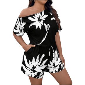 Floerns Women's Plus Size Floral Asymmetrical Neck Half Sleeve Rompers Jumpsuit with Pocket