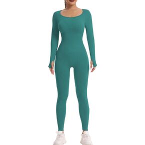 JBT Women's Long-Sleeved Yoga Jumpsuit Rribbed Seamless Fitness Jumpsuit