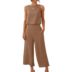 HaoMay Women's Summer Cotton Linen 2 Piece Outfits Crop Top Wide Leg Pants