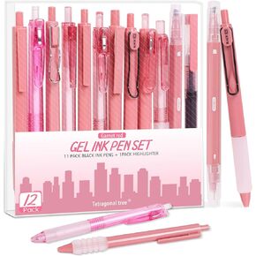 12Pcs Gel Pens Set, 11Pack Gel Pens with 1Pack Highlighter - Fast-Drying Black Ink, Fine Point 0.5mm, Retractable, Cute Pens - Garnet Red Aesthetic Gel Ink Pens for Journaling
