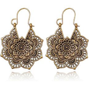 SMALLLOVE Mandala Drop Dangle Earring for Women Girl Gypsy Hammered Antique Silver Bohemian Vintage Lotus Flower Tribal Hollow Floral Pendant Hoop Earrings