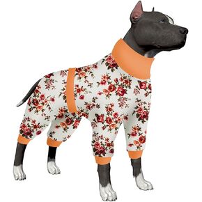 LovinPet Pets Outfit, Post Operative Jumpsuit for Dogs Apparel, Reflective Strap Full Coverage Dog Onesie, Elastic Blooming White, Green, Red Prints Pajamas for Big Dogs L