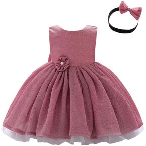 Dressy Daisy Girls Ball Gown Shimmery Dress with Headband | Bow Headband, Shimmery Bodice, Flower Waist, Layered Skirt, Flower Girl, Wedding, Christmas Party in Saudi Arabia
