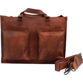 Handcrafted Full Grain Vintage Leather Briefcase Messenger Bag For Men Women, Business Office Laptop Satchel Shoulder Bags, 15 Inch Medium