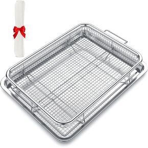 Air Fryer Basket for Oven, 15.5“ x 11.6“ large Stainless Steel Crisper Tray and Pan with 50 PCS Parchment Paper, Stainless Steel Air Fryer Basket for Baking Grilling