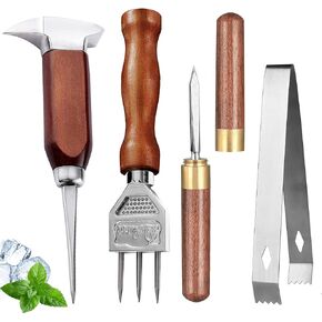 Ice Pick Set of 4 Stainless Steel Ice Chipper with Wood Handle, Japanese style Ice Crusher Ice Tong ideal for Bars, Bartender. Best Carving Tool (4PCS SET)…