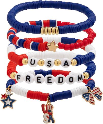 Holiday Heishi Surfer Bracelet Set for Women Girls 4th of July Independence Day Beaded Stretch Bracelet Patriotic Red White Blue Star America Flag Stackable Charm Bracelets Memorial Jewelry -Set 1 in Saudi Arabia