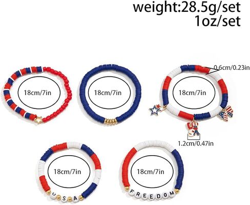 Holiday Heishi Surfer Bracelet Set for Women Girls 4th of July Independence Day Beaded Stretch Bracelet Patriotic Red White Blue Star America Flag Stackable Charm Bracelets Memorial Jewelry -Set 1 in Saudi Arabia