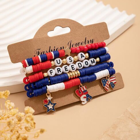 Holiday Heishi Surfer Bracelet Set for Women Girls 4th of July Independence Day Beaded Stretch Bracelet Patriotic Red White Blue Star America Flag Stackable Charm Bracelets Memorial Jewelry -Set 1 in Saudi Arabia