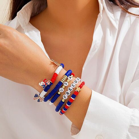 Holiday Heishi Surfer Bracelet Set for Women Girls 4th of July Independence Day Beaded Stretch Bracelet Patriotic Red White Blue Star America Flag Stackable Charm Bracelets Memorial Jewelry -Set 1 in Saudi Arabia