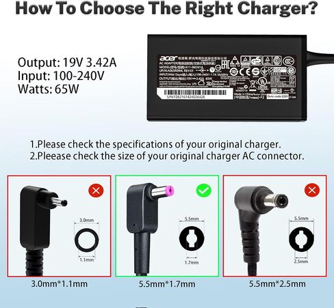 65W Aspire E5 AC Power Charger Fit for Acer Aspire E5 E5-576 A315 A315-21 N19C3 E5-575 E1 E15 N16Q2 N19C1 Aspire 3 5 M5 R3 N17C4 n17q1 A11-065N1A Laptop Adapter 5.5 * 1.7mm in Saudi Arabia