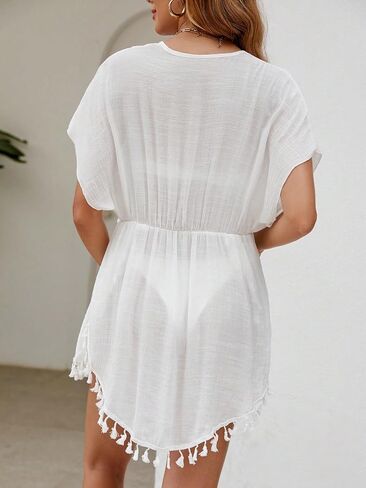 COZYEASE Women's Fringe Hem Tie Front Kimono Dolman Sleeve Drawstring Cardigans Cover Ups Beachwear in Saudi Arabia