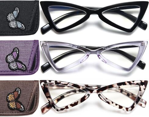 نظارات قراءة عين القطة من EYEURL مكونة من 4 قطع للنساء كبيرة الحجم تحجب الضوء الأزرق ونظارات كمبيوتر بمفصلات زنبركية مضادة لإجهاد العين/وهج الكمبيوتر/قارئات الأشعة فوق البنفسجية للنساء، 3.0 in Kuwait