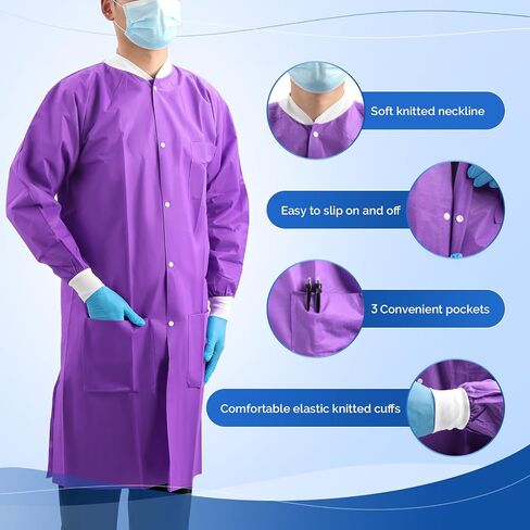 JMU Disposable Lab Coats for Adult, SMS Medical Lab Jacket Knee Length with Knit Cuff & Collar, 3 Pockets in Saudi Arabia