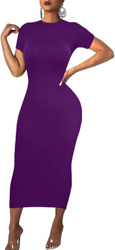 Women's Long Bodycon Dress - Summer Casual Short Sleeve Midi Club Party Fitted Tight Dresses in Saudi Arabia