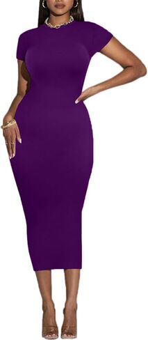 Women's Long Bodycon Dress - Summer Casual Short Sleeve Midi Club Party Fitted Tight Dresses in Saudi Arabia