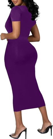Women's Long Bodycon Dress - Summer Casual Short Sleeve Midi Club Party Fitted Tight Dresses in Saudi Arabia