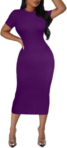 Women's Long Bodycon Dress - Summer Casual Short Sleeve Midi Club Party Fitted Tight Dresses in Saudi Arabia