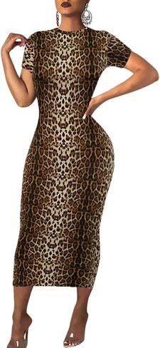 Women's Long Bodycon Dress - Summer Casual Short Sleeve Midi Club Party Fitted Tight Dresses in Saudi Arabia