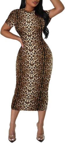 Women's Long Bodycon Dress - Summer Casual Short Sleeve Midi Club Party Fitted Tight Dresses in Saudi Arabia