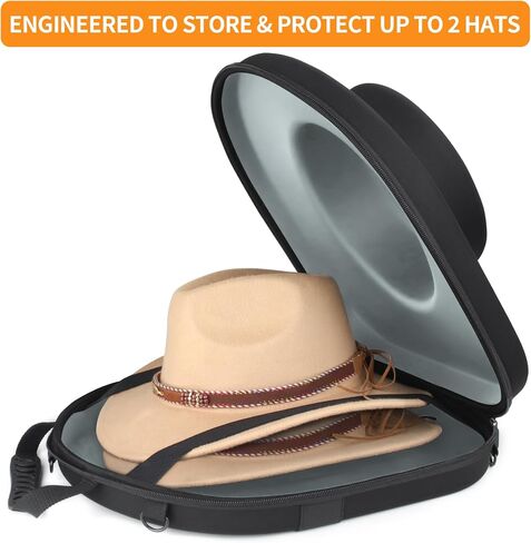 Cowboy Hat Box for Travel Crush Proof Hat Case for Cowboy, Panama & Tweed Hats - Equipped with a Carrying Handle, Shoulder Strap & Luggage Strap - Black in Saudi Arabia