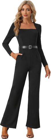 Allegra K Women's Elegant Jumpsuit Square Neck Long Sleeve Wide Leg Long Pants Dressy Jumpsuits in Saudi Arabia
