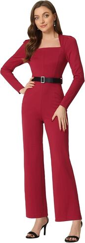 Allegra K Women's Elegant Jumpsuit Square Neck Long Sleeve Wide Leg Long Pants Dressy Jumpsuits in Saudi Arabia
