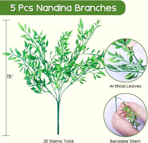 25 سيقان أوراق نبات ناندينا الاصطناعية - 5 قطع 15 بوصة سيقان خضراء ناندينا صناعية للمزهرية، الزفاف، المتجر، الحديقة، المكتب، ديكور المنزل، ترتيب الزهور، داخلي، خارجي in Kuwait