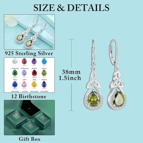 FJ Celtic Knot Dangle Drop Leverback Earrings 925 Sterling Silver Infinity Teardrop Earrings with Birthstone Irish Good Luck Jewelry for Women Her in Kuwait
