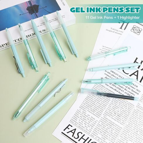 مجموعة أقلام جل مكونة من 12 قطعة، 11 قلم جل مع عبوة واحدة هايلايتر - حبر أسود سريع الجفاف، نقطة دقيقة 0.5 مم، قابلة للسحب، أقلام لطيفة - أقلام حبر هلامية جمالية باللون الأحمر العقيق لليوميات in Kuwait