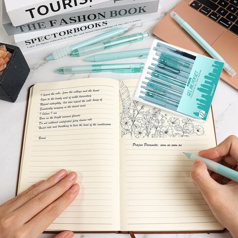 مجموعة أقلام جل مكونة من 12 قطعة، 11 قلم جل مع عبوة واحدة هايلايتر - حبر أسود سريع الجفاف، نقطة دقيقة 0.5 مم، قابلة للسحب، أقلام لطيفة - أقلام حبر هلامية جمالية باللون الأحمر العقيق لليوميات in Kuwait