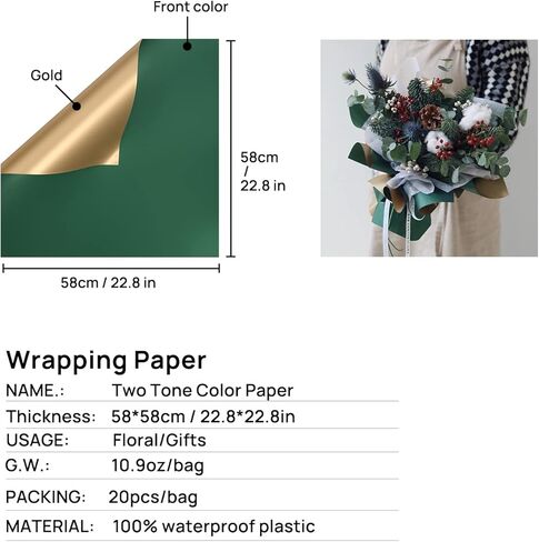 HYSSINOWRAP floral wrapping paper Double Sided Golden Flower Wrapping Paper Waterproof wrapping paper Bouquet wrapping paper DIY 20 Sheets 23.6X23.6 Inch (BLACK) in Saudi Arabia