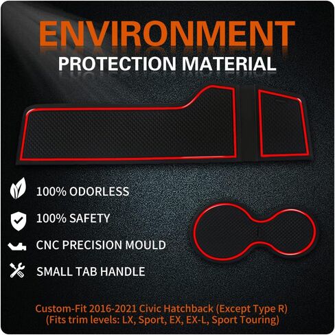 Fit for Honda Civic 2016-2021 (Hatchback) Accessories, Upgraded Custom Non-Slip Cup Holder Inserts, Center Console Liners, Door Pocket Pads, Interior Anti-Dust Liner Mats (21-PCS, Red Trim) in Saudi Arabia
