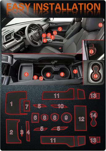 Fit for Honda Civic 2016-2021 (Hatchback) Accessories, Upgraded Custom Non-Slip Cup Holder Inserts, Center Console Liners, Door Pocket Pads, Interior Anti-Dust Liner Mats (21-PCS, Red Trim) in Saudi Arabia