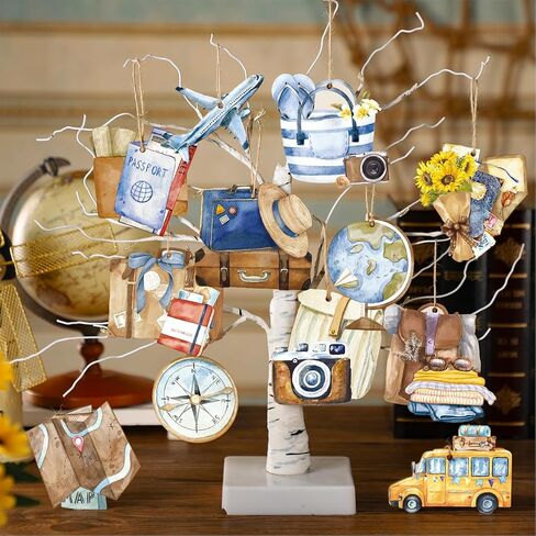 36 Pcs Summer Travel Wooden Ornaments Summer Hanging Ornaments Passport Globe Luggage Compass Wood Cutouts Travel Tree Decorations and Ornaments Summer Decorations for Home Tree Party Supplies in Saudi Arabia