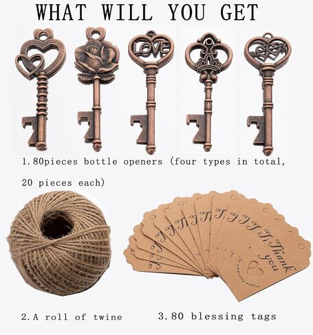 50 قطعة من فتاحات زجاجات المفاتيح، فتاحة زجاجات مفاتيح عتيقة، هدايا لحفلات الزفاف وفتاحة زجاجات هيكل عظمي للاستقبال مع بطاقات علامة البركة وسلاسل المفاتيح، إضافة رائعة لحقائب الشكر (النحاس الأحمر) in Kuwait