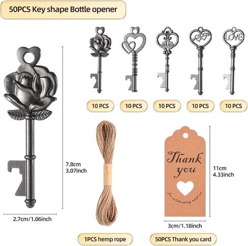 50PCS Key Bottle Openers,Vintage Key Bottle Opener,Wedding Favors or Bridal Shower Party Return Gifts Skeleton Bottle Opener with Blessing Tag Cards and Keychains (rose gold) in Saudi Arabia